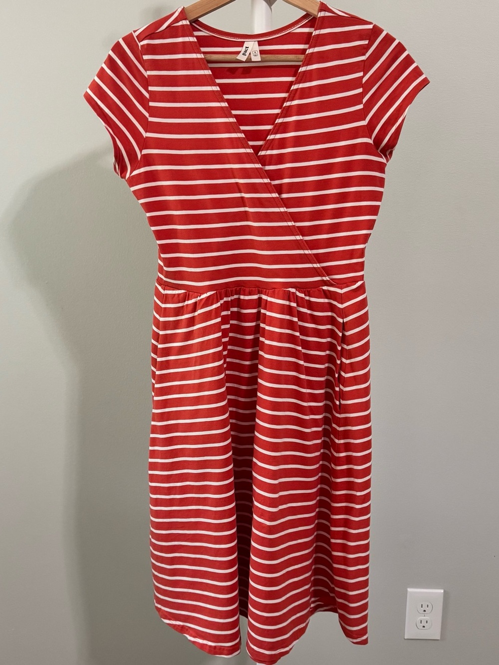 Pact Red and White Striped Wrap-Front Dress, size small